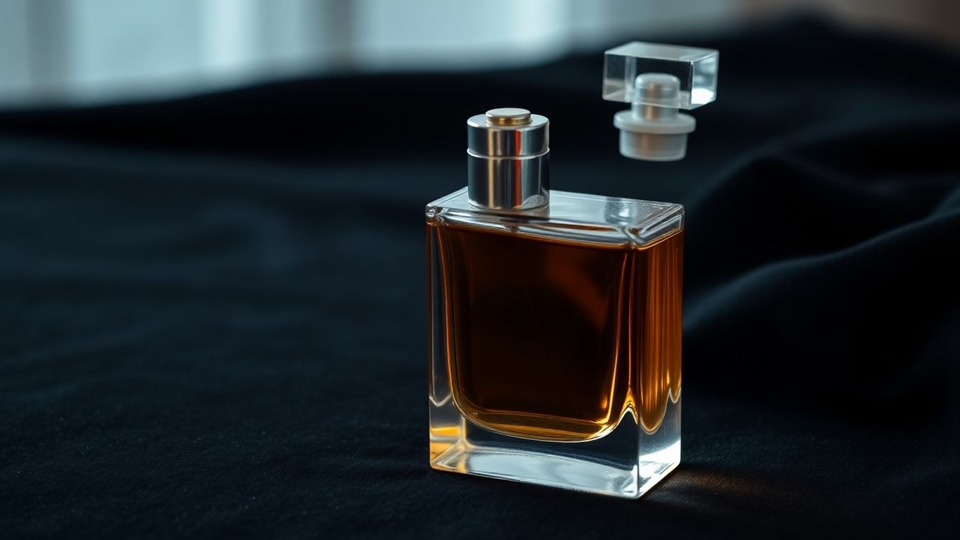 Sealed perfume bottle on a dark surface.