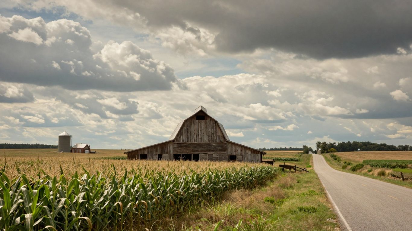 Rural landscape with barn, cornfields, and silos.