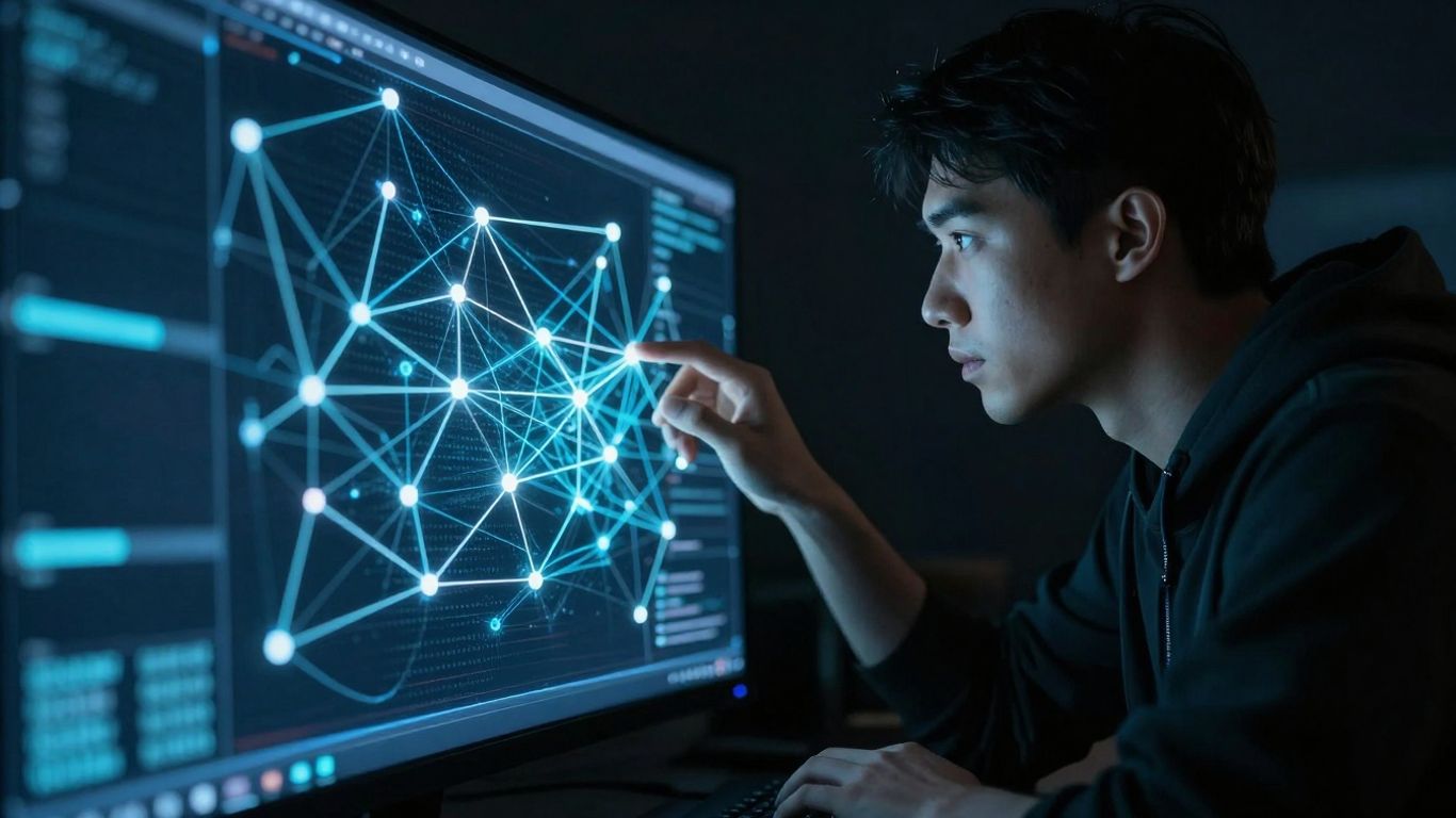 Cybersecurity professional hunting for threats in a digital network.