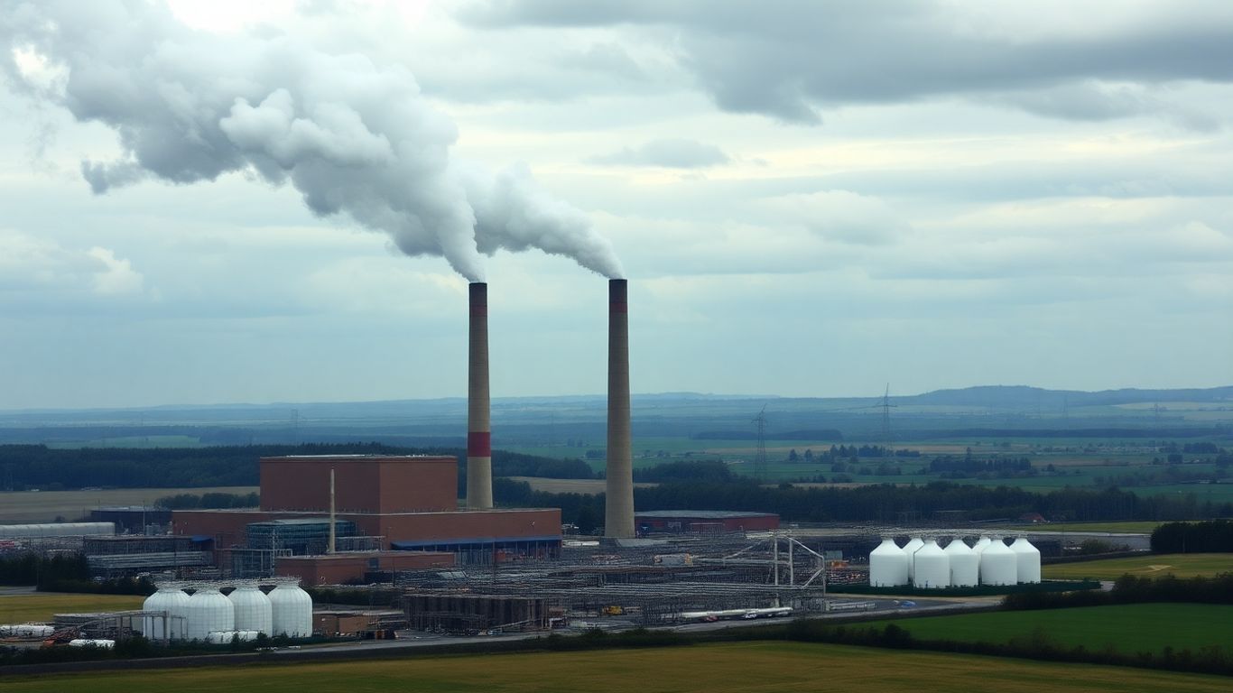 Centrale à charbon et gaz avec grandes cheminées fumantes