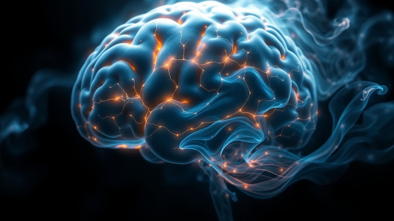 Gehirn mit leuchtenden Neuronen, die sich in Nebel auflösen.