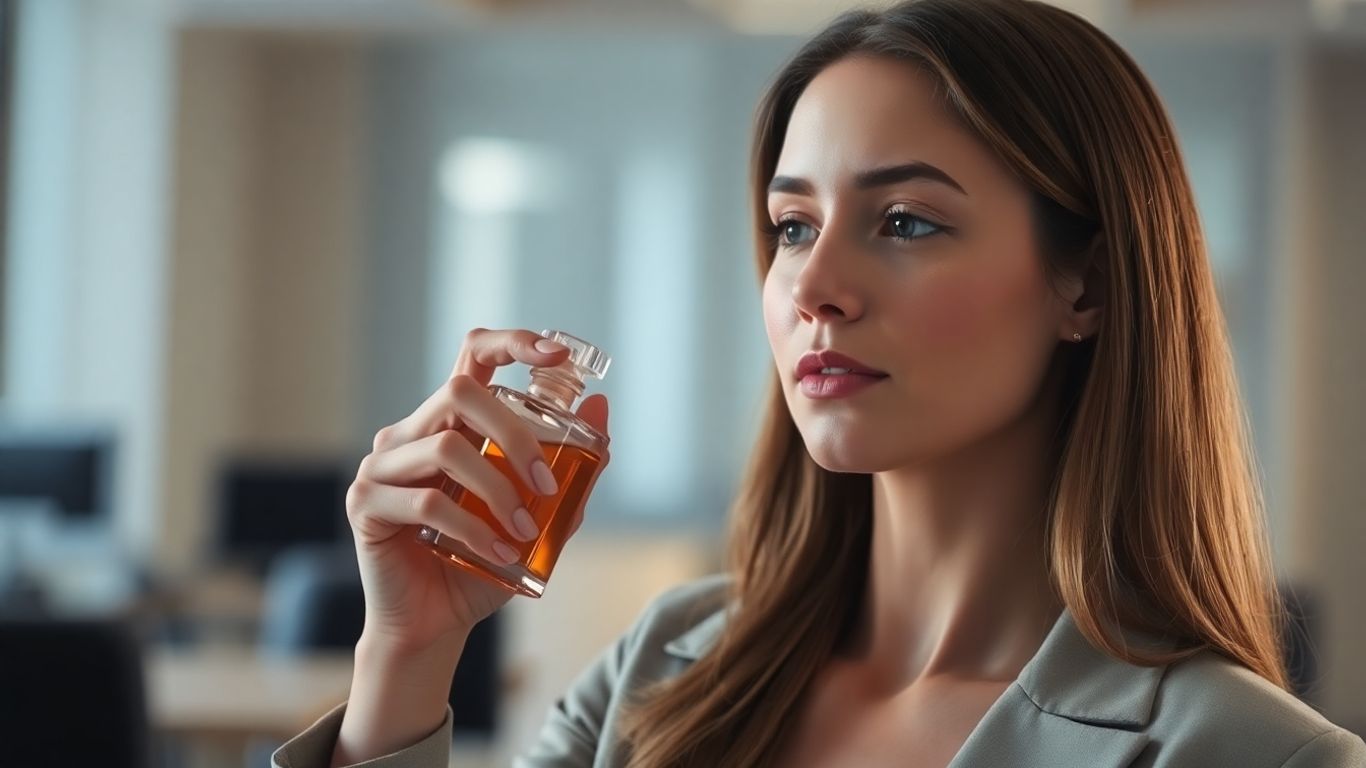 Woman applying perfume at her desk.