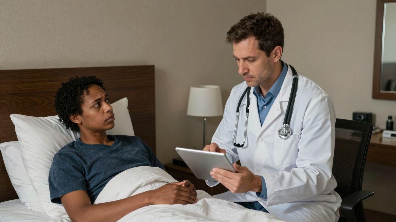 Doctor checking on a patient in a hotel room.