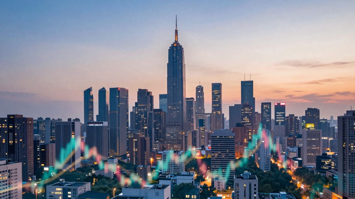 Stock market cityscape with financial data overlays.