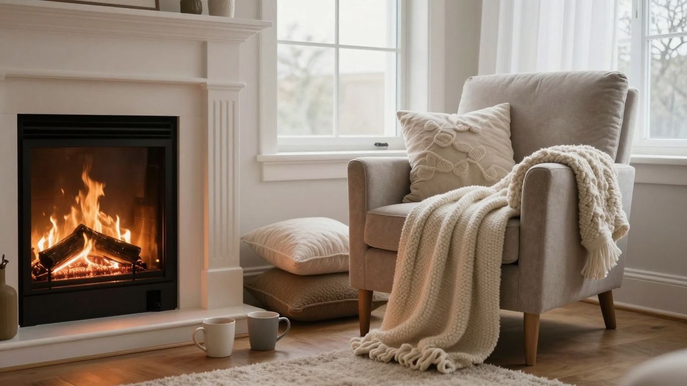 Cozy living room with fireplace and winter essentials.