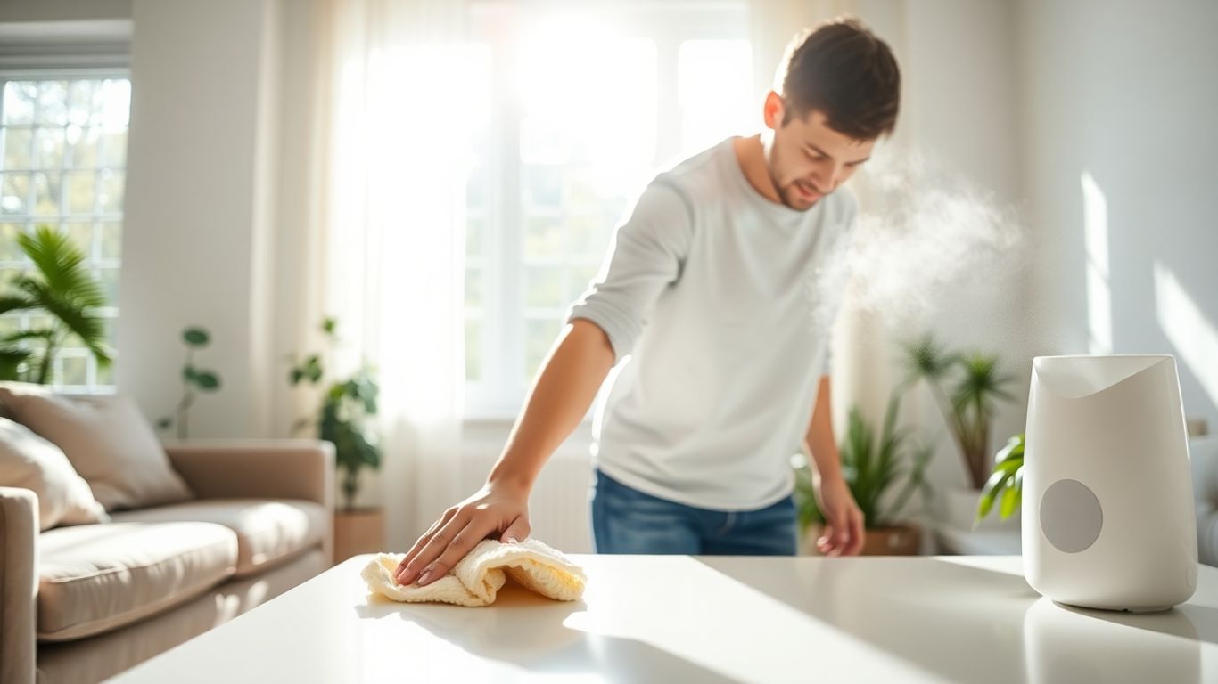 Person cleaning and humidifying a bright, healthy living room.