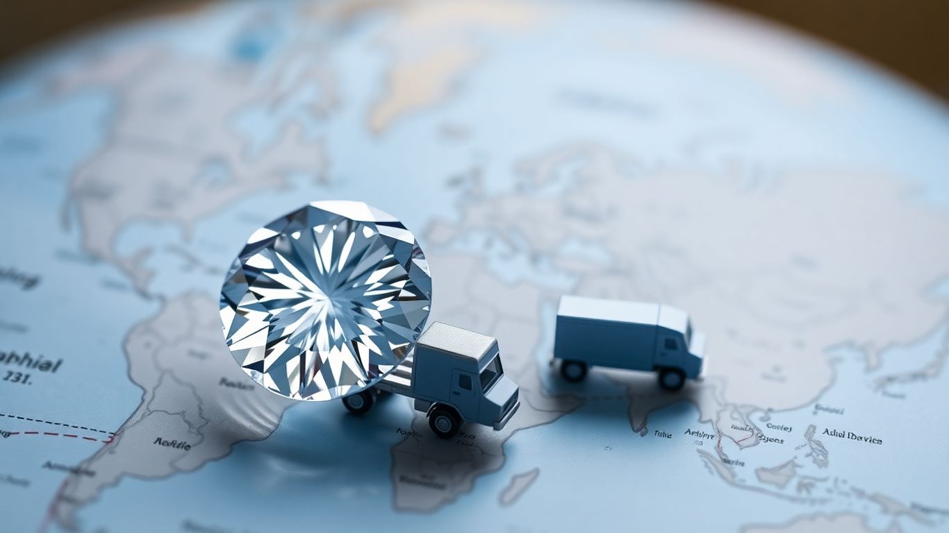 Moissanite gemstone on world map with delivery truck