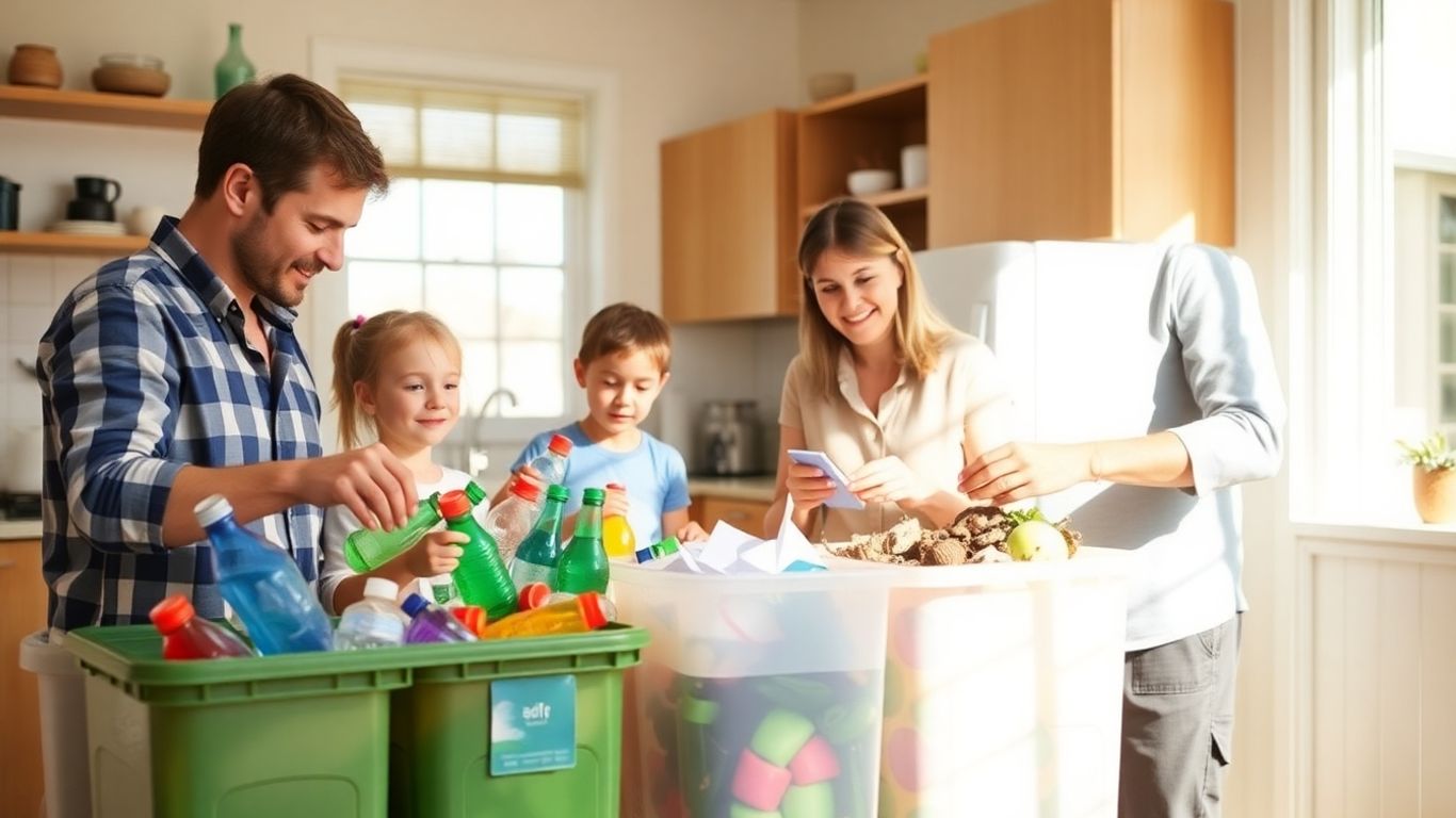 Familie sortând deșeuri pentru reciclare și compostare acasă.