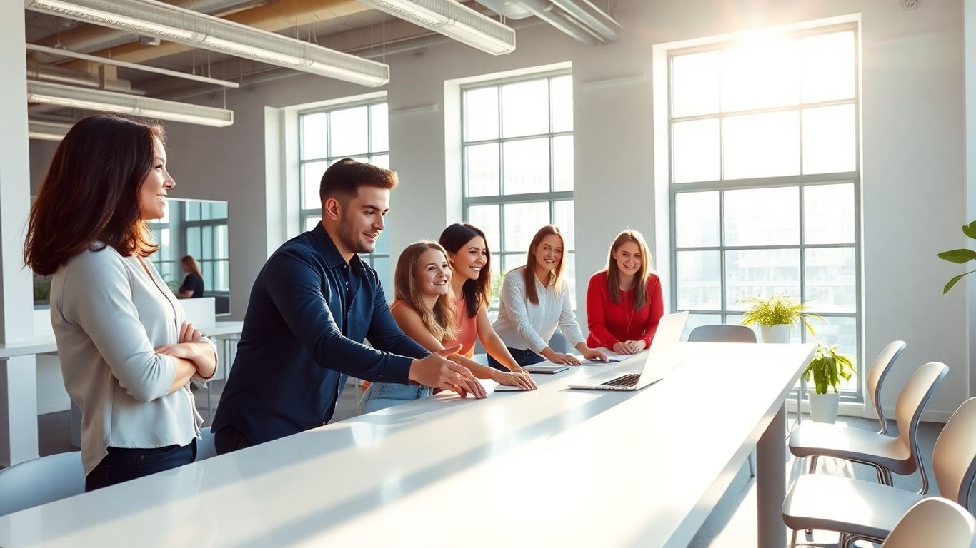 Digital marketing professionals collaborating in a bright, modern office.