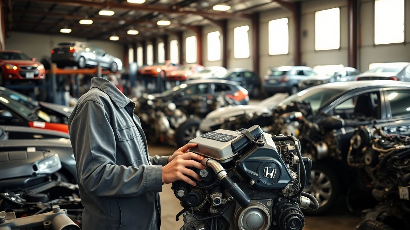 Mechanic inspecting Honda engine in auto wrecker yard