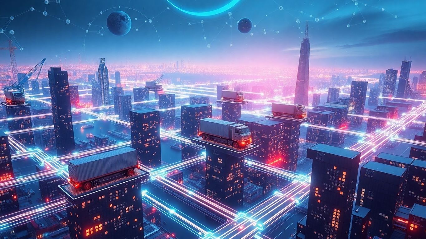 Blockchain technology connecting global supply chains and logistics.