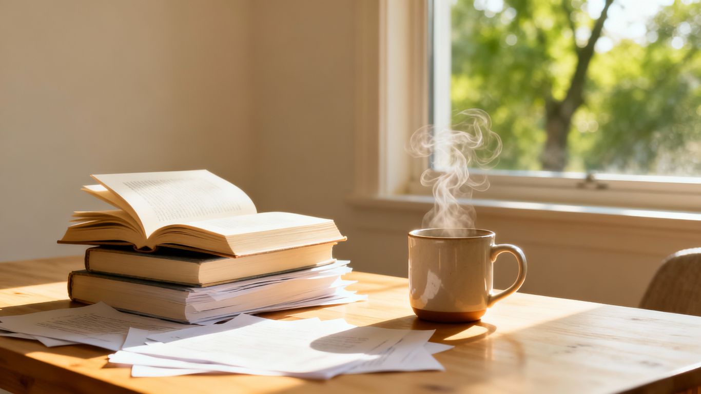 Books and a mug on a table, promoting mental clarity.
