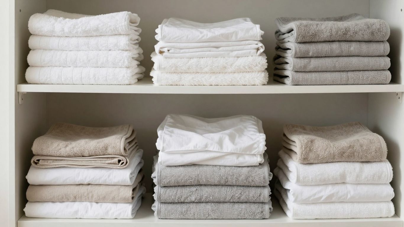 Neatly folded towels and linens in a clean closet.