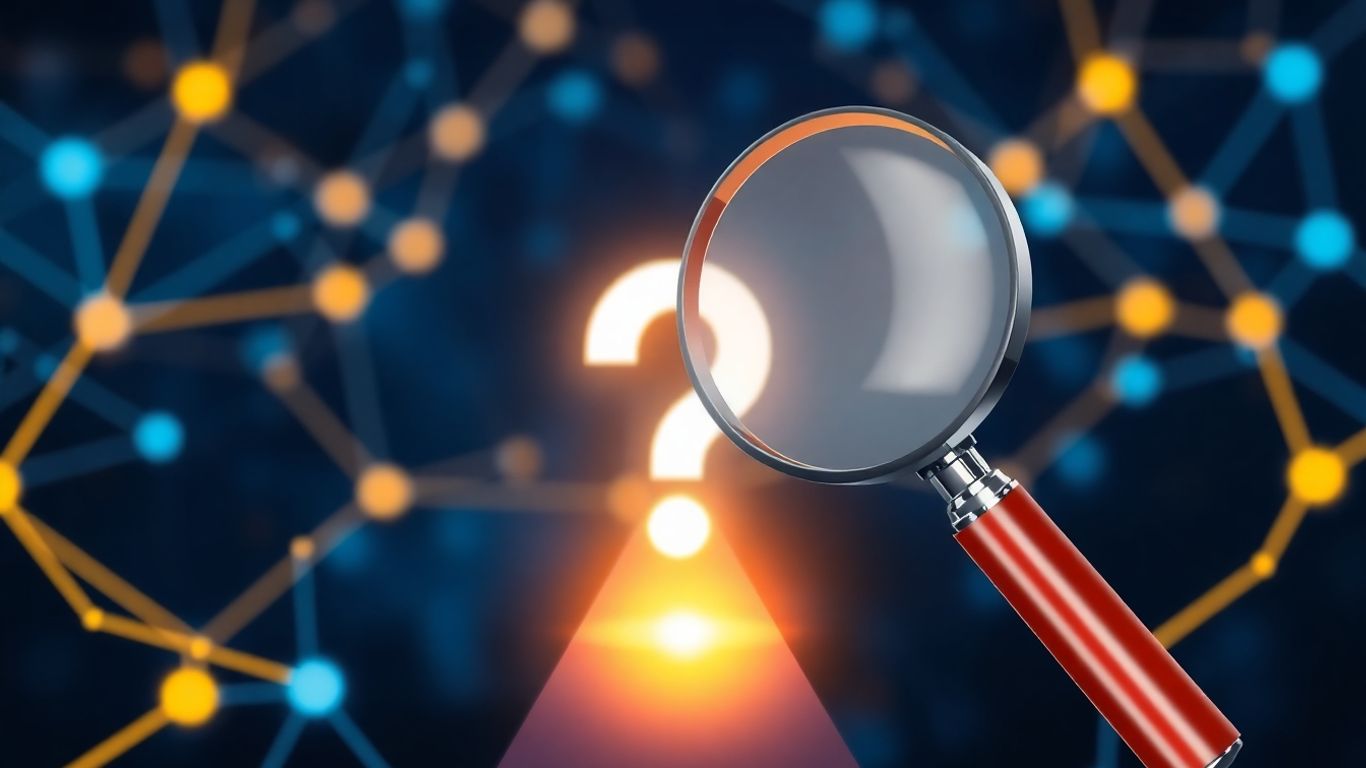 Magnifying glass over question mark, leading to webpage.