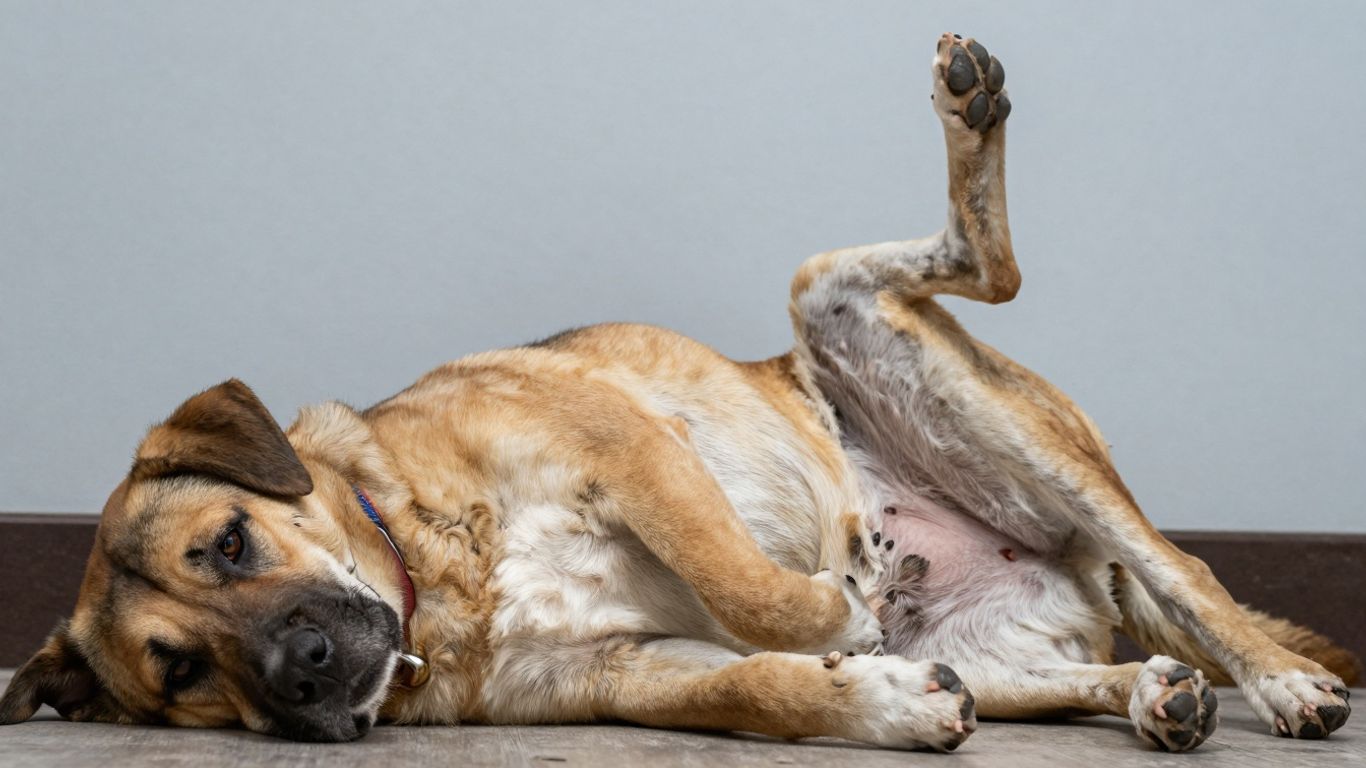 Hond met opgezwollen buik, tekenen van maagkanteling.