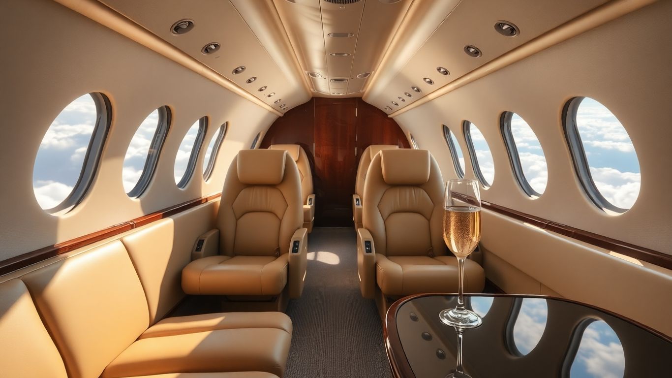 Luxurious private jet interior with leather seats and window view.