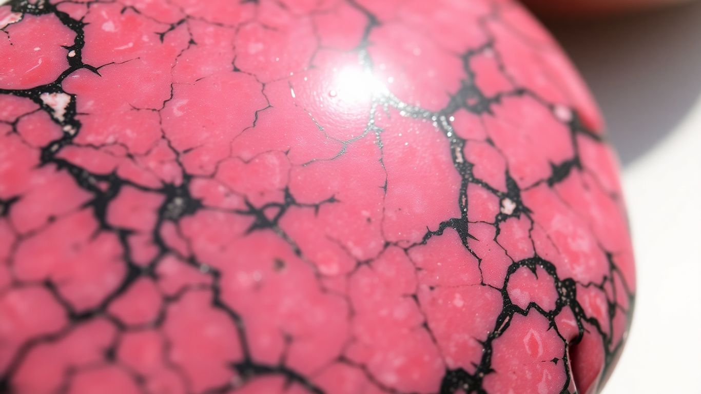 Polished rhodonite stone with pink and black patterns.