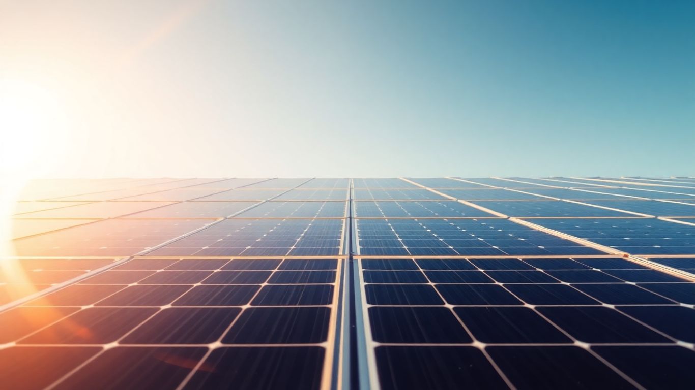 Solar panels under a bright blue sky.