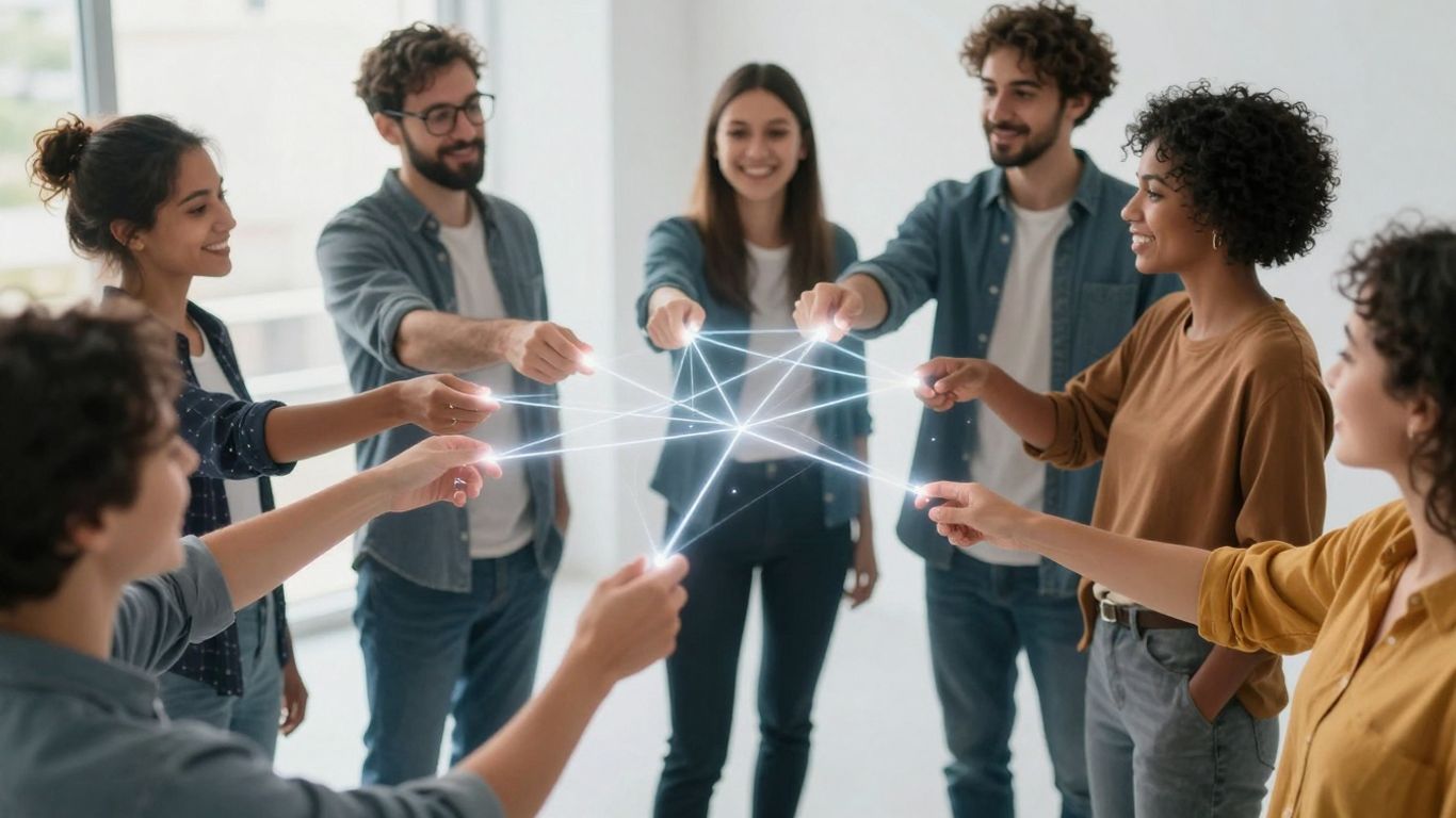 People connecting and collaborating in a digital community space.