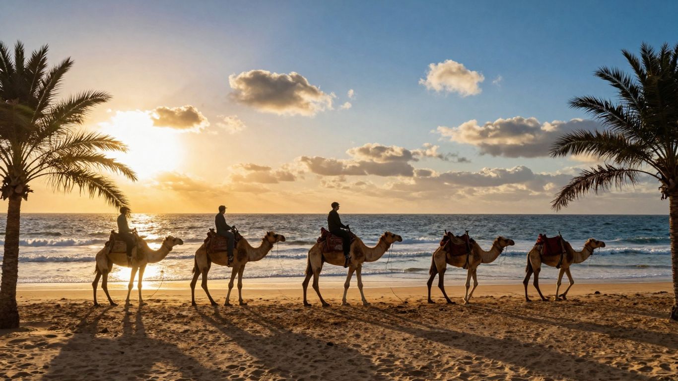 Camels walking on a beach at sunset.
