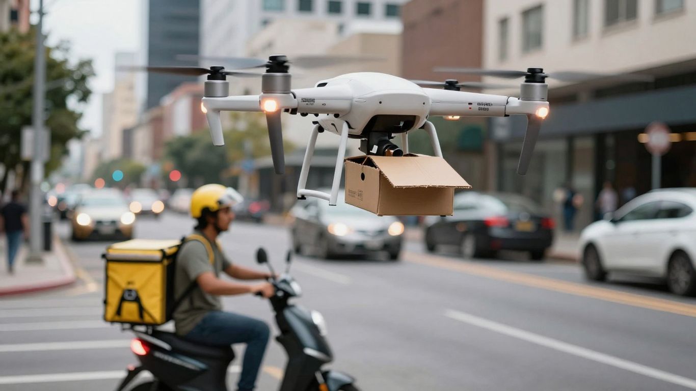 Delivery drone and scooter in a busy city street.