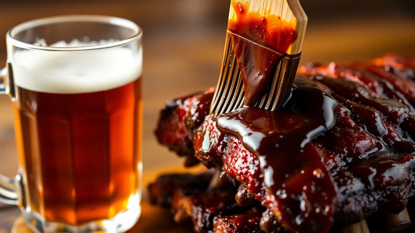 Beer-infused BBQ ribs with a frothy beer stein.