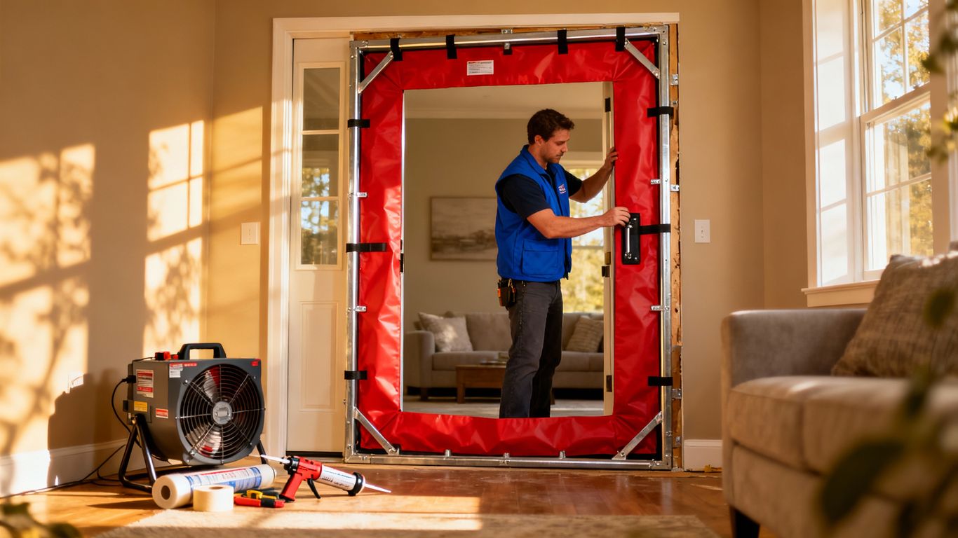 Technician installing blower door test at home entrance