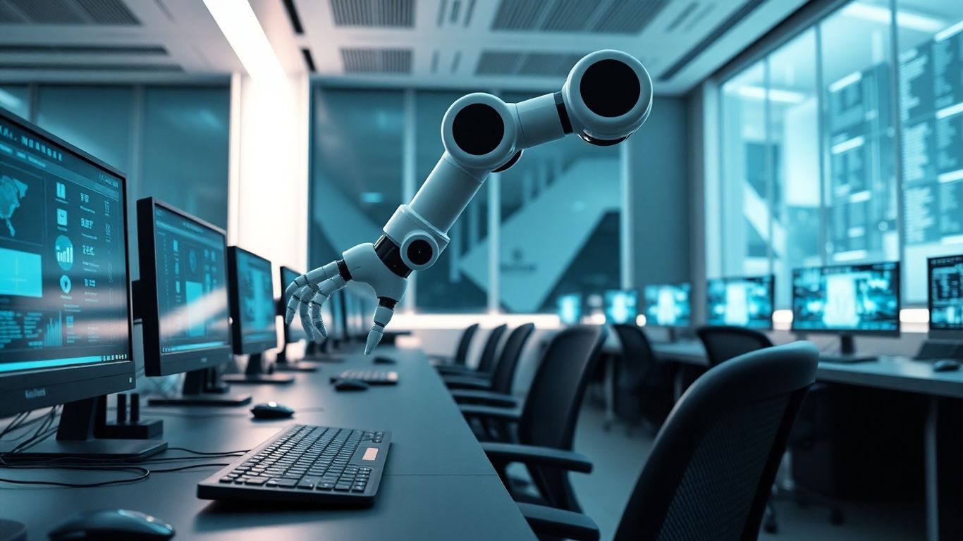 AI and journalist collaboration in a futuristic newsroom.