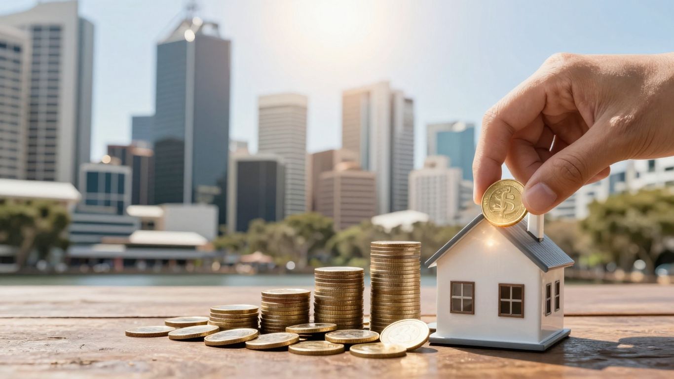 Australian cityscape with hand placing coin on house.