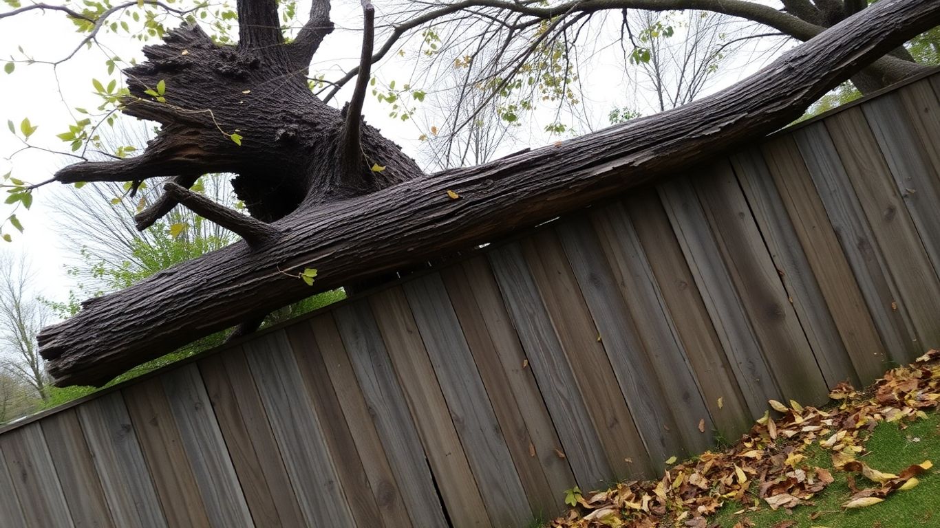 Storm-damaged tree branch on a fence