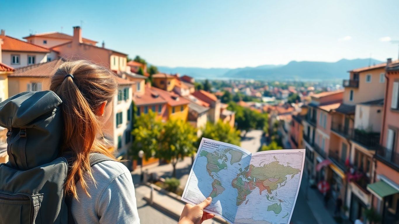 Budget European travel vista with backpacker.