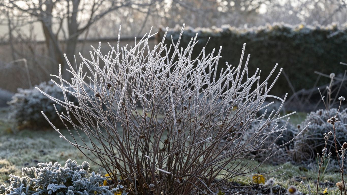 Wintergarten mit Raureif und sanftem Licht.