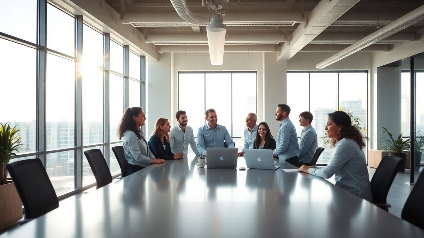 Team collaborating in a bright, modern office space.