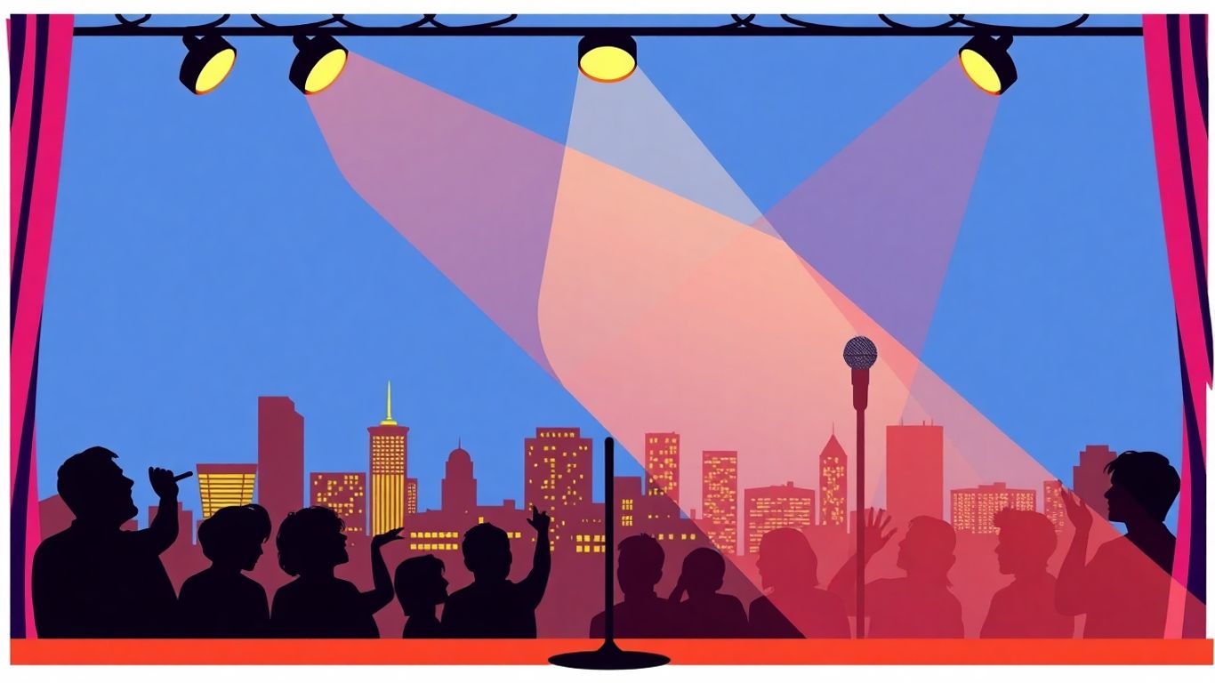 Comedy club stage with spotlight and Birmingham cityscape.