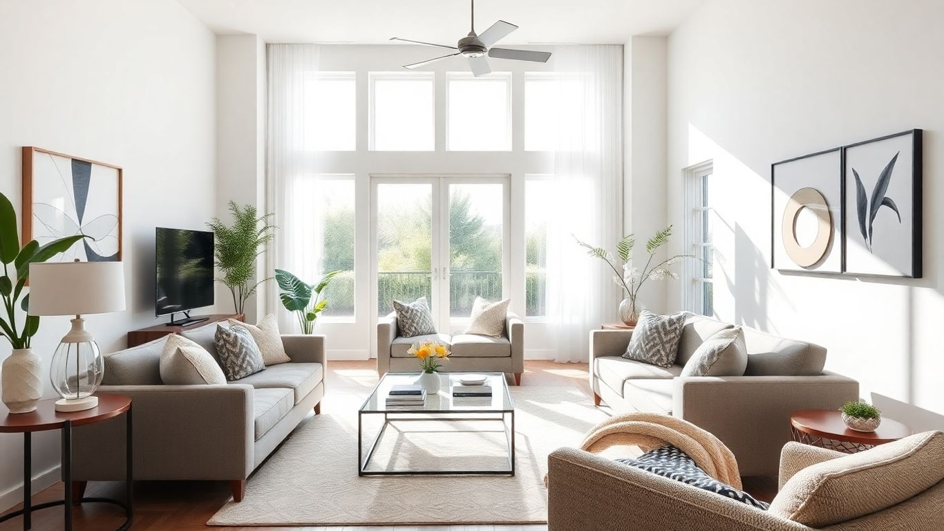 Modern living room with updated decor and natural light.