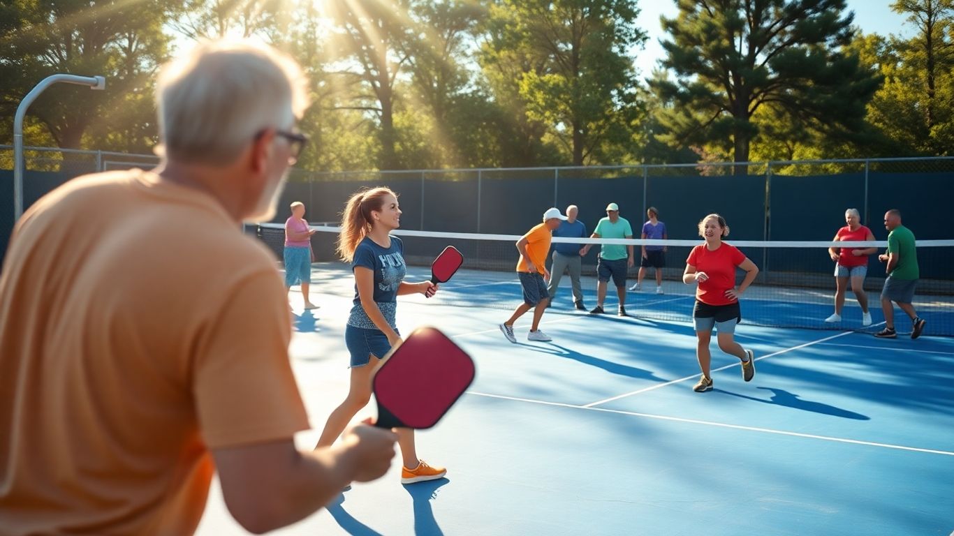 Pickleball players enjoying a lesson on a sunny court.