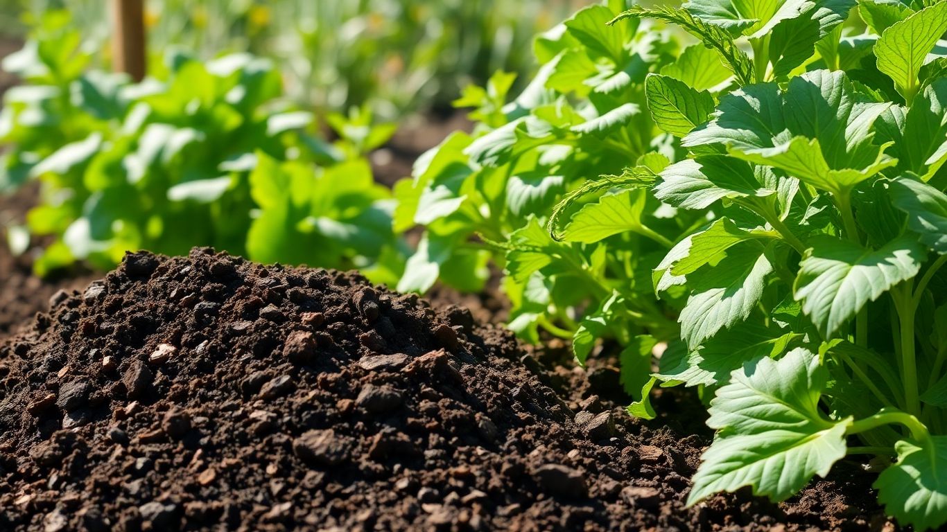 Estrume de cavalo curtido em horta com plantas saudáveis.