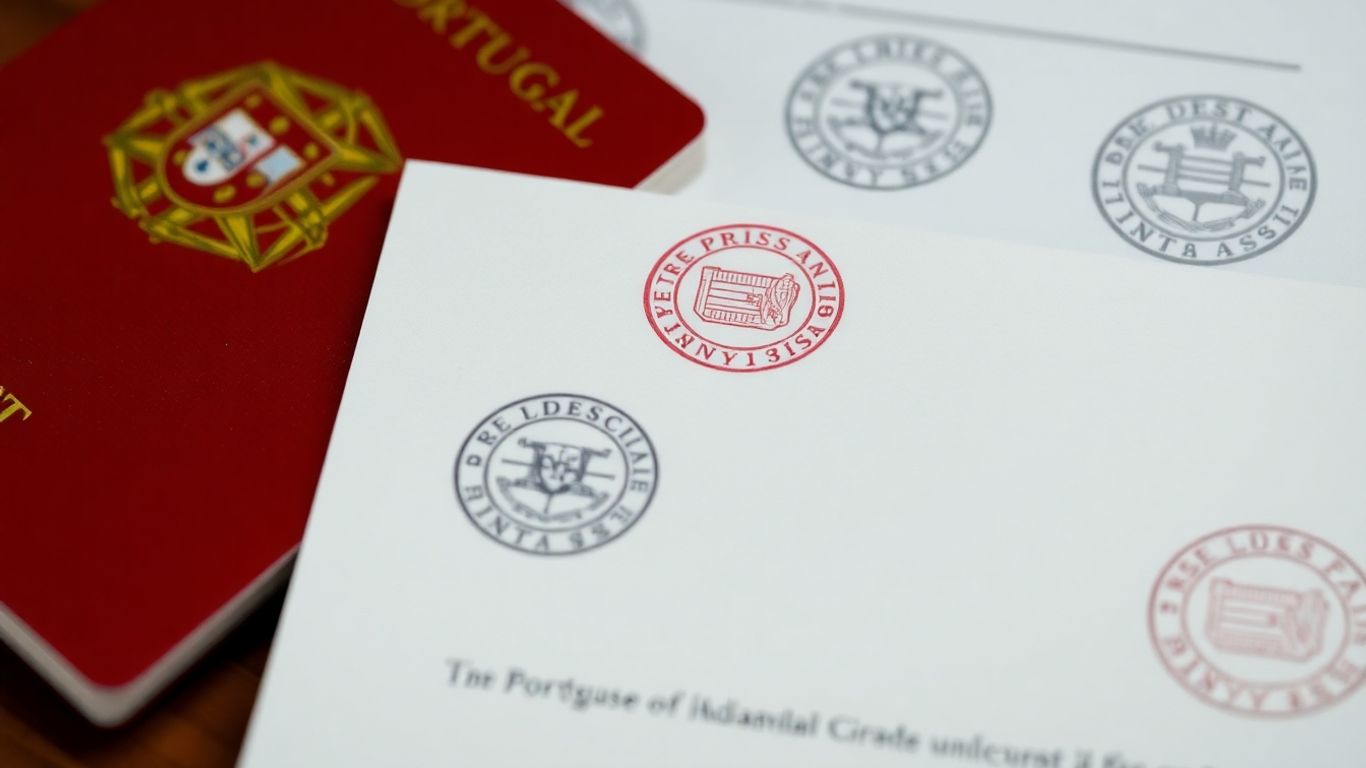 Passaporte português e documento oficial com selos.