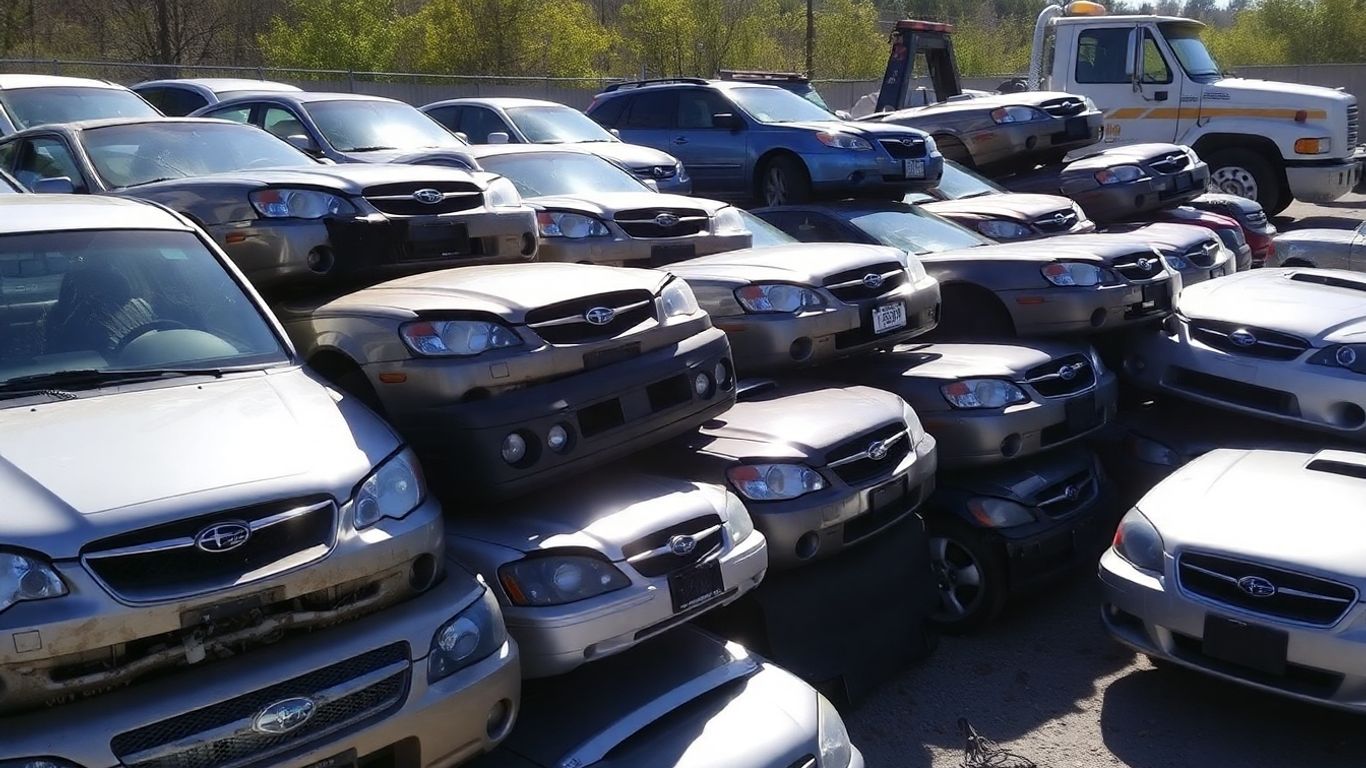 Scrap Subaru cars in a yard with a tow truck.