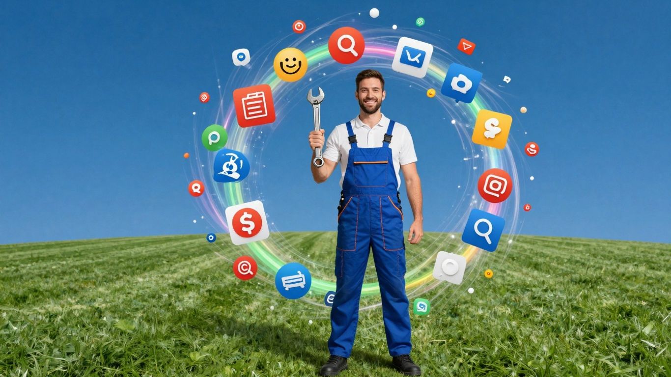 Irish plumber with wrench, digital marketing icons swirling.