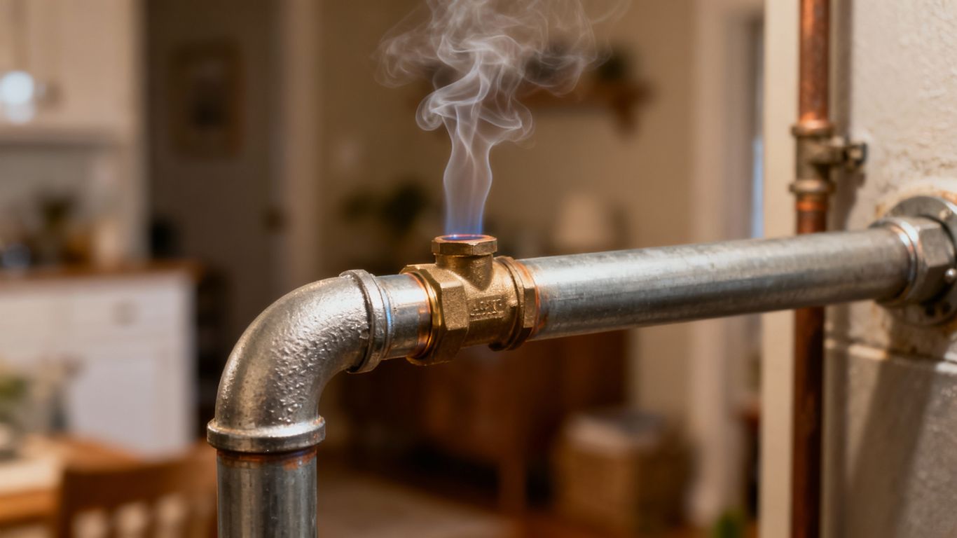 Gas pipe with a faint vapor leak.