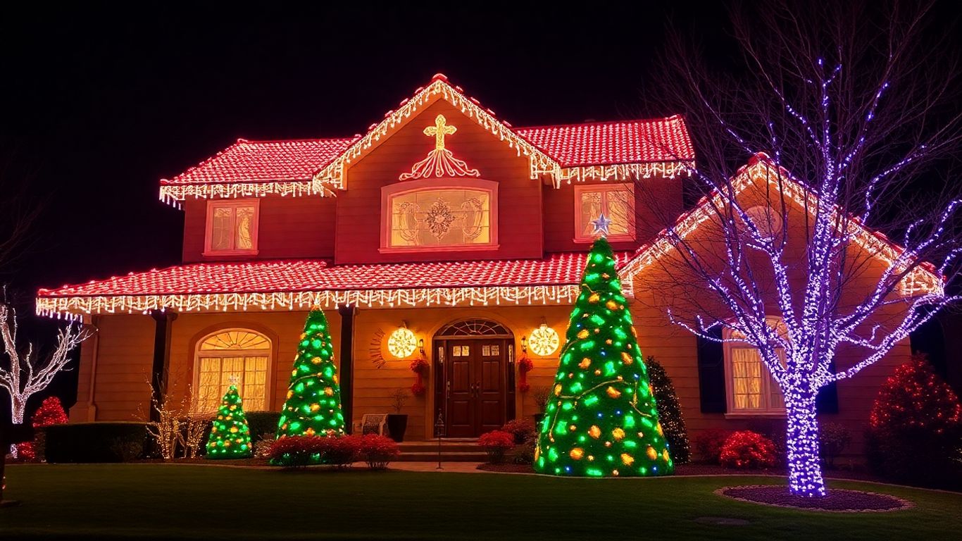 Professionally installed Christmas lights on a house.
