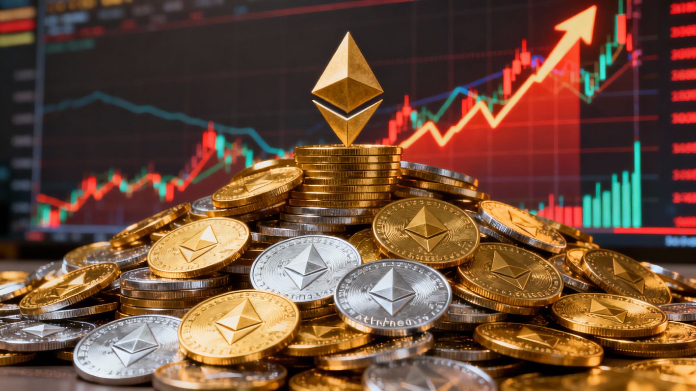 Ethereum coins stacked high, bullish market