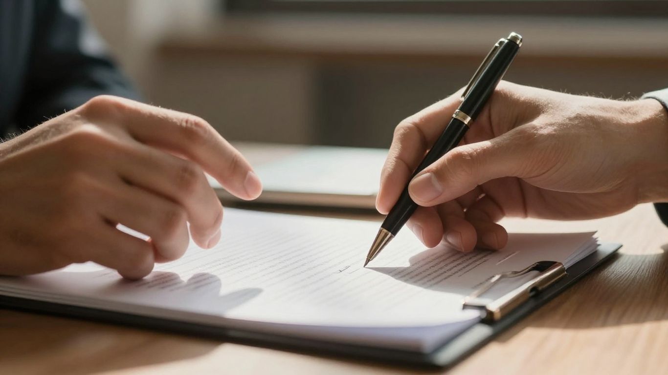 Hand signing a document with a pen.