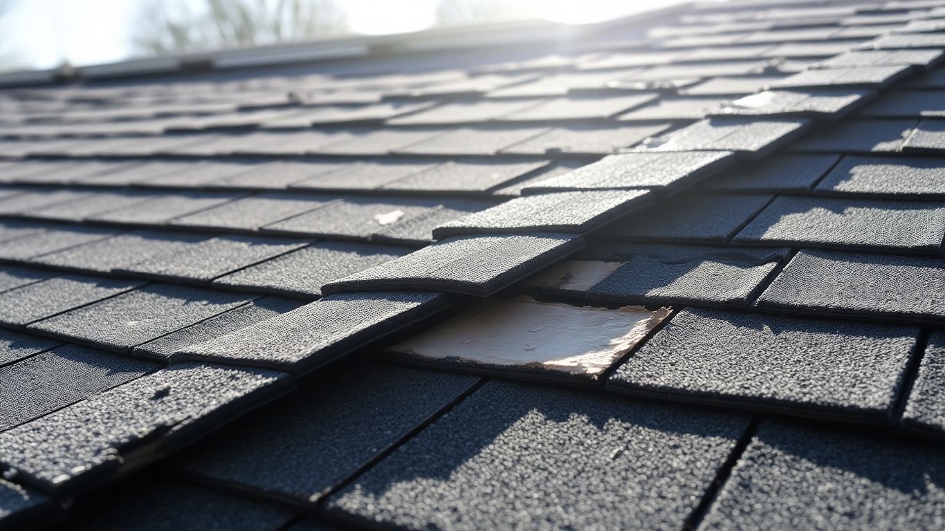 Damaged roof with missing shingles after a storm.