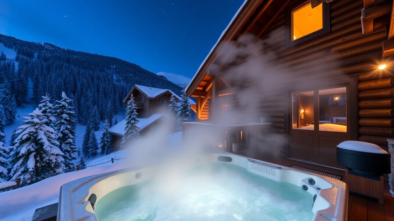 Jacuzzi extérieur dans un chalet en montagne enneigée