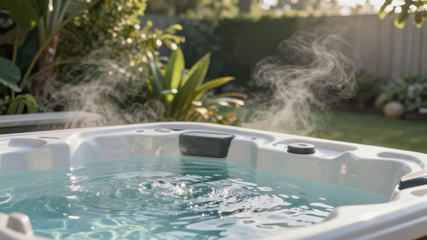 Luxurious outdoor hot tub with steam rising.