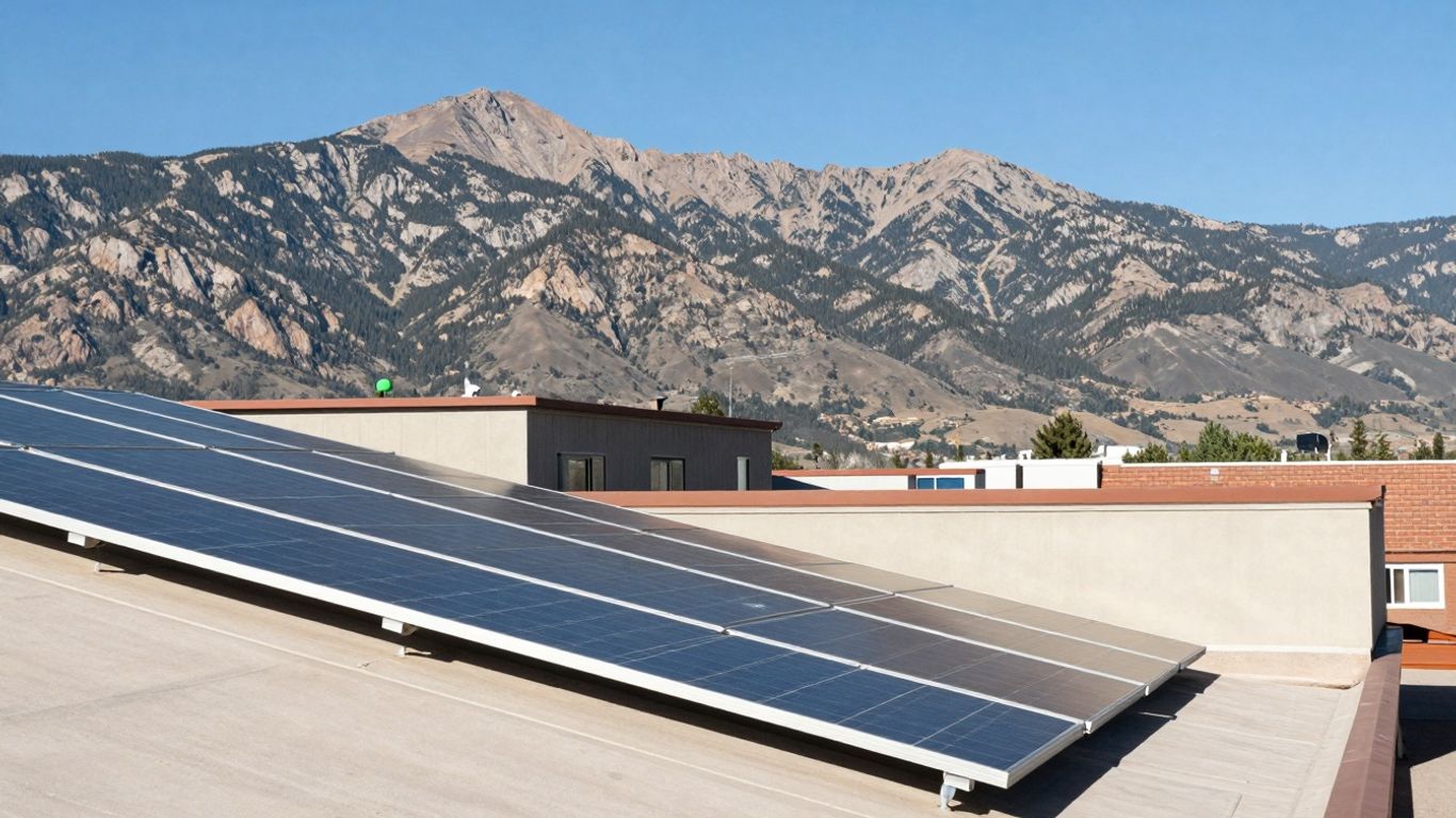 Colorado Rooftop With Solar Panels And Mountains.