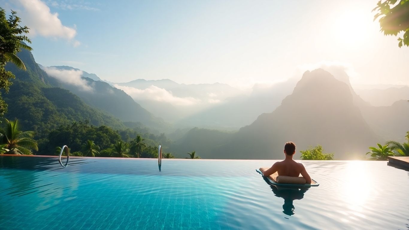 Luxury resort pool with rainforest and mountain views.