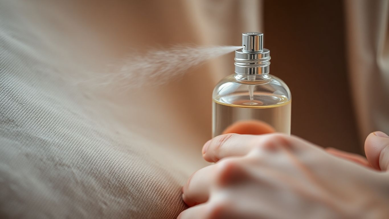 Perfume bottle spraying scent onto fabric and skin.